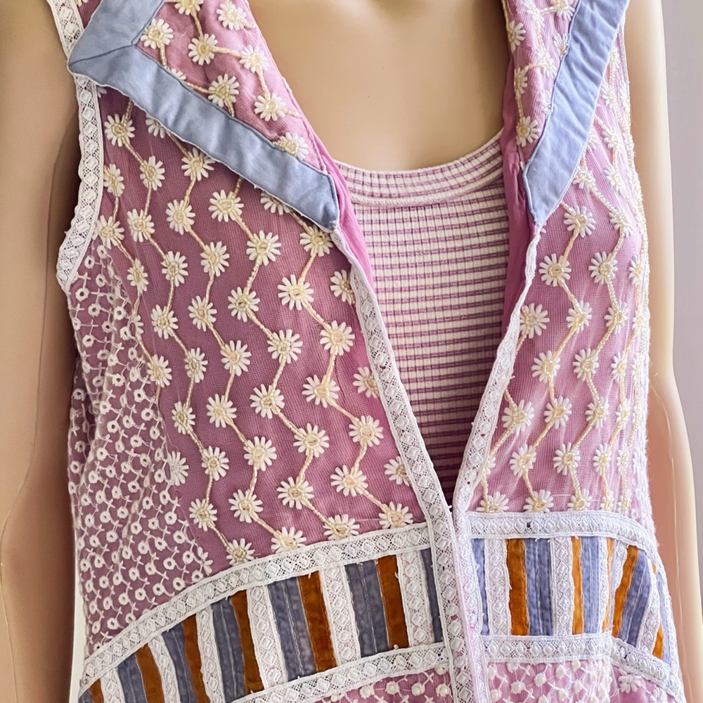 Bohemian Embroidered Pastel Pink Beaded Floral Sequin Patchwork Fairycore Vest - Picture 2 of 15
